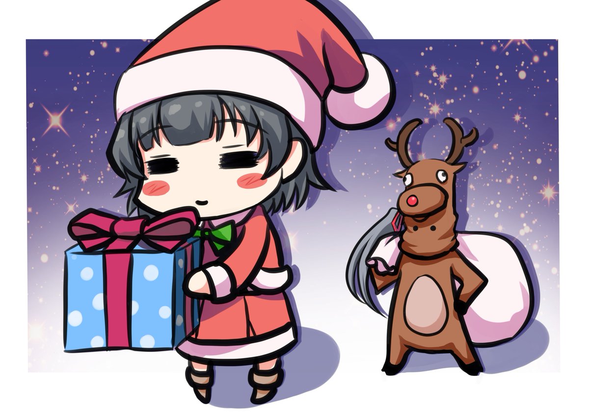 arashio (kancolle) ,asashio (kancolle) ,michishio (kancolle) ,ooshio (kancolle) multiple girls 4girls santa costume animal costume twintails reindeer costume black hair  illustration images