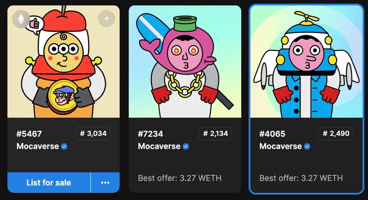 Bought too many BTC NFTs the last day and my ETH collection was feeling neglected so I just sweeped the floor on <a href="/MocaverseNFT/">Mocaverse (old account)</a> by @AnimocaBrands !

Loved the web3 values they uphold: "Learn, Play, Do Good, and Build together"
What other collections do I need in my all star