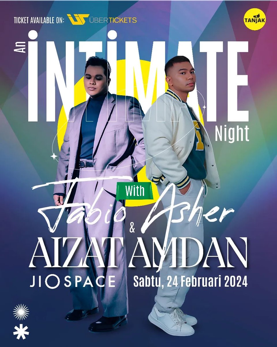 uber_tickets's tweet image. ✨ INITIMATE NIGHT WITH FABIO ASHER &amp;amp; AIZAT AMDAN ✨

The long awaited concert is coming back on February 2024 with new concept, at a new venue with more songs‼️

Be part of the FIRST EVER sing along concert with two of the best talents from Indonesia, Fabio Asher and Malaysia,