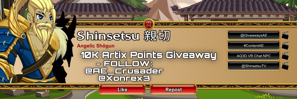 ShinsetsuTV's tweet image. 10K Artix Points Giveaway
Let&apos;s support indie developers! @AE_Crusader
And @Xonrex3

FOLLOW 
@AE_Crusader,
@Xonrex3, 
@GiveawaysAE,
@ShinsetsuTV,
LIKE 👍 
REPOST ♻️ 
COMMENT &quot;Battle on!&quot;

Ends in 2 weeks!