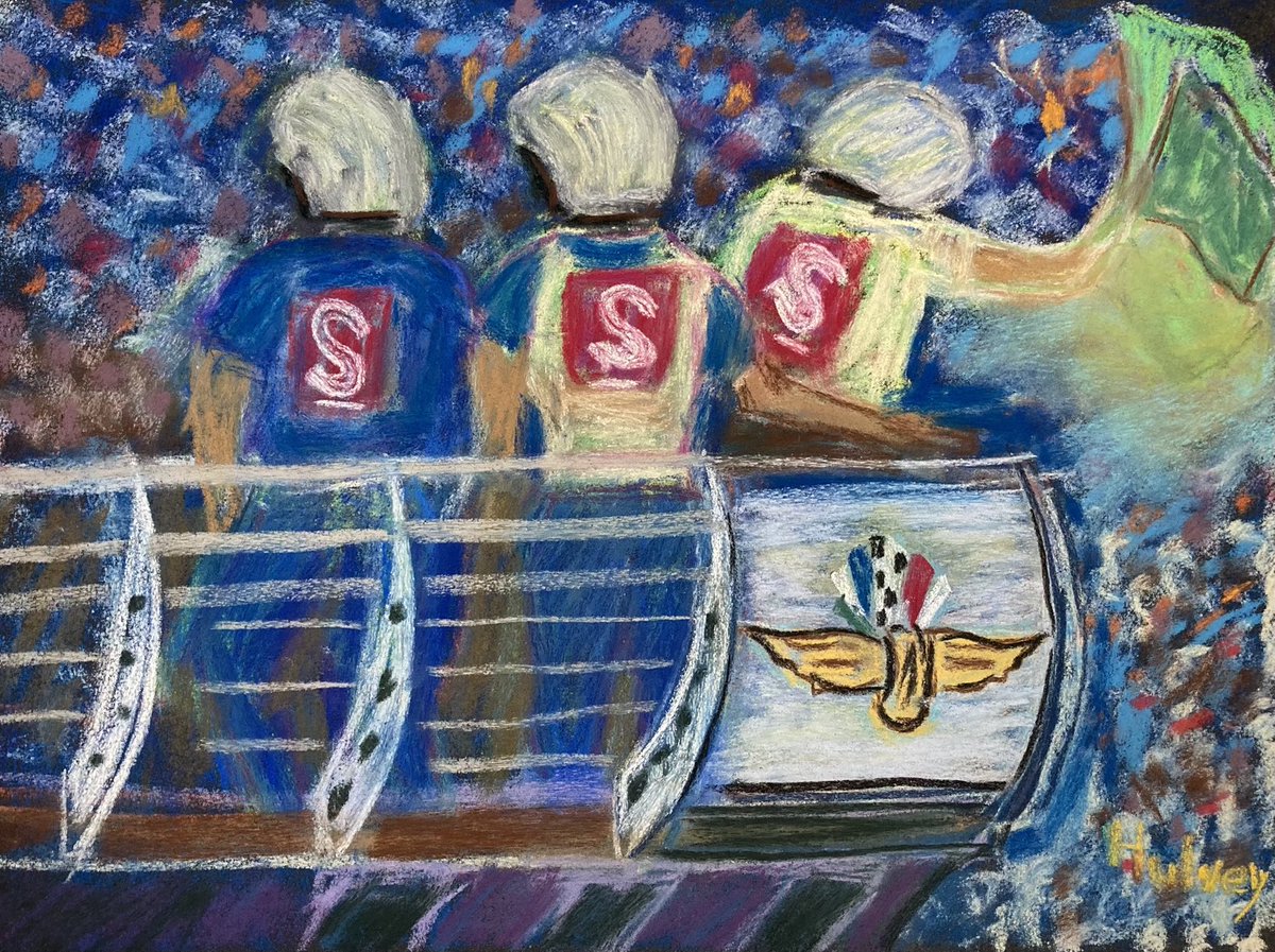 MikeHulvey's tweet photo. My sister (Pam Hulvey) attended the 2022 Indianapolis 500 with us. Tonight she presented us with a gift of her original artwork drawn from photos taken that day.  Love her work! ⁦@AaronLikens⁩ ⁦@Ericsson_Marcus⁩ https://t.co/21jhXcXfFe