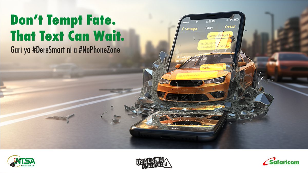 Your message can wait, your safety can't. Resist the urge to text while driving – it's a small choice that can make a big difference.

#DereSmart #NoPhoneZone 
<a href="/SafaricomPLC/">Safaricom PLC</a>