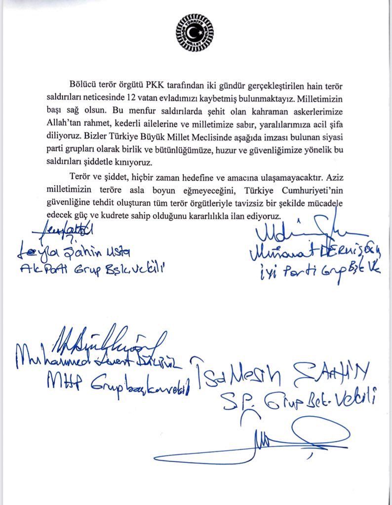 yusufbeyazit60's tweet photo. “Terör ve şiddet,hiçbir zaman hedefine ve amacına ulaşamayacaktır"

TBMM Genel Kurulu’nda teröre karşı hazırlanan ortak bildiriye DEM ile birlikte CHP de imza atmadı.Milletimizin takdirine bırakıyoruz.

Kahraman Şehitlerimize Allah’tan rahmet diliyorum.Milletimizin başı sağ olsun https://t.co/HEB7cQ1s9l