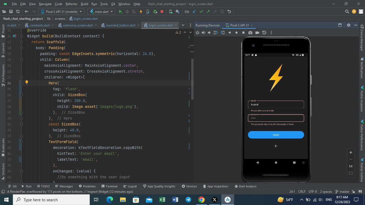 Hamid_99013's tweet photo. In Flutter class at @CodeToInspire we used TextFormField insted of TextField and By using CodeRefactoring in #Flash_Chat application we reduced the extra codes.
@CodeToInspire
#Flutter https://t.co/pSR84EqkUm