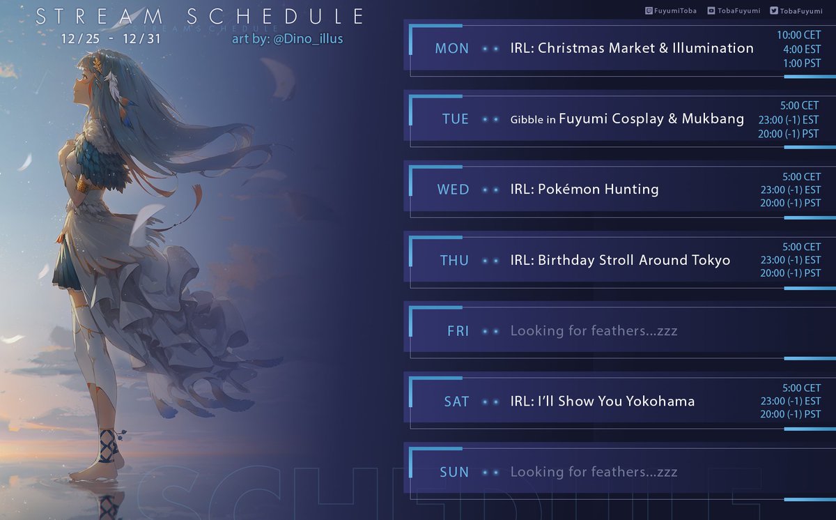 TobaFuyumi's tweet photo. 🎆 Final schedule for 2023 &amp; Birthday 🎆
There will be only IRL streams this week! Excited to show you around and try out a bunch of new things! 
Since I couldn't spend my birthday with you last year, I'm even more excited to spend the whole day with you with an IRL stream💙🧡 https://t.co/yMjurJN7LN