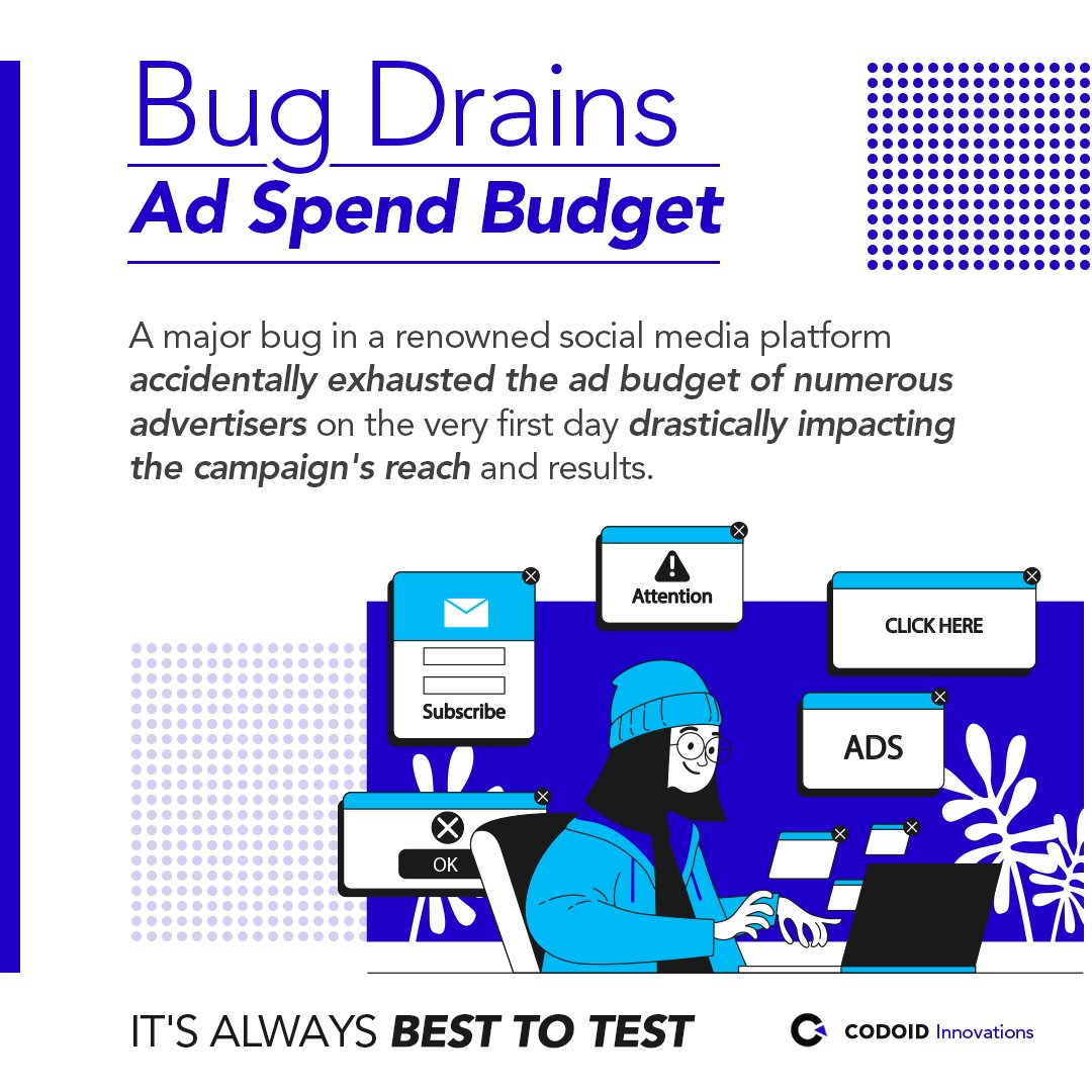 codoid's tweet image. Bug Drains Ad Spend Budget
It's Always Best to Test
#softwarebug #softwareerror #socialmediaplatform #gooogleads #qualityassurance #qacompany #qateam