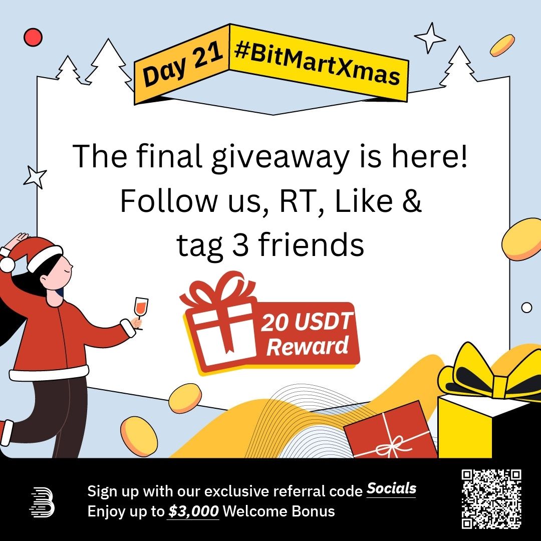 We're wrapping up our #BitMartXmas blast with a bang! 🎇

The final giveaway is here👇

Follow us, retweet, tag 3 friends, and one lucky winner could win 20 USDT! 🤩

#BitMart #giveaway #airdrop #crypto