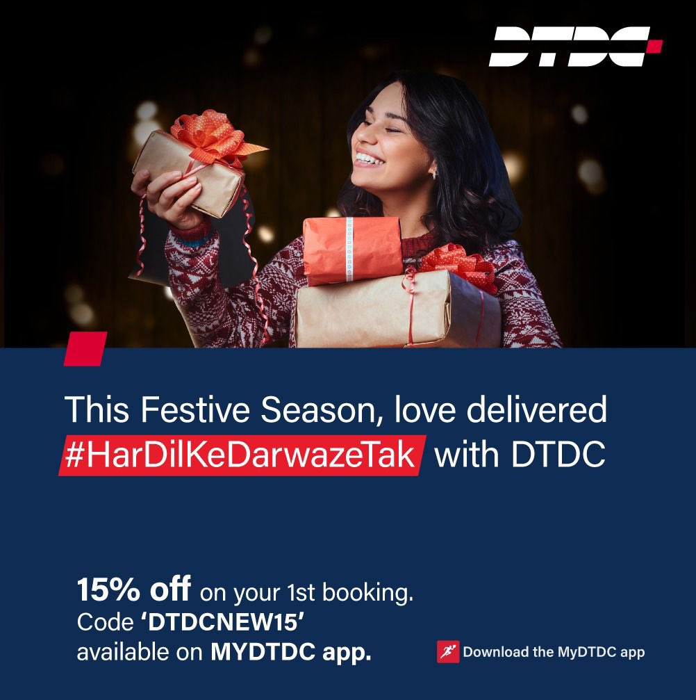 This holiday season, send your festive wishes and surprises to #HarDilKeDarwaazeTak with DTDC. 

Use the code ‘DTDCNEW15’ on the MyDTDC app for a 15% discount on your first booking. 

Download the MyDTDC app now. 

#StartWrapping #StartSending