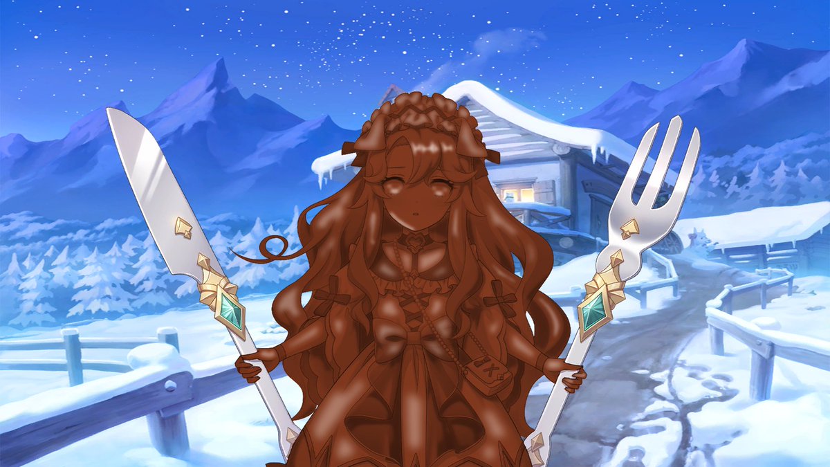 'Winter nights are too cold!Luckily I have brought some chocolate. Would you like to taste it?I prepared a knife and fork for you.' #チョコ化 #petrification