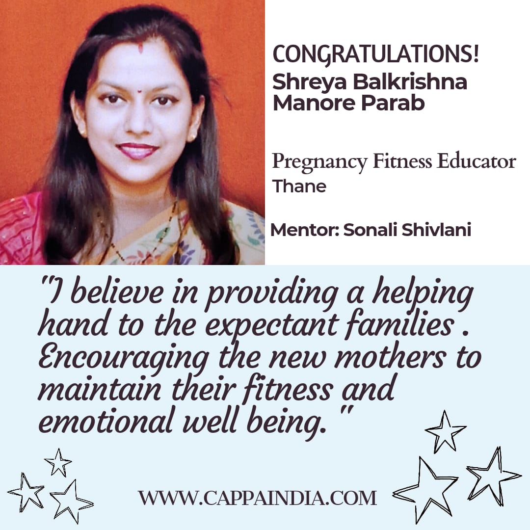 sshivlani's tweet photo. Welcome Shreya Manore, CAPPA Certified Pregnancy Fitness Educator from Thane, India.
#cappa #cappaindia #cappashares @cappanetworking #thane #india #pregnancyfitnesseducator #cappacertified https://t.co/fyUVQF4Y0L