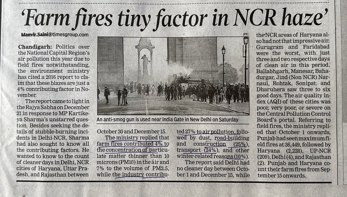 ipsinghTOI's tweet photo. Environment ministry’s 2016 report on pollution in NCR; 
Farm fires contributed 4%  
Industry 27%
Road building and const 25%
Transport 24% https://t.co/xKUwUK1EWm