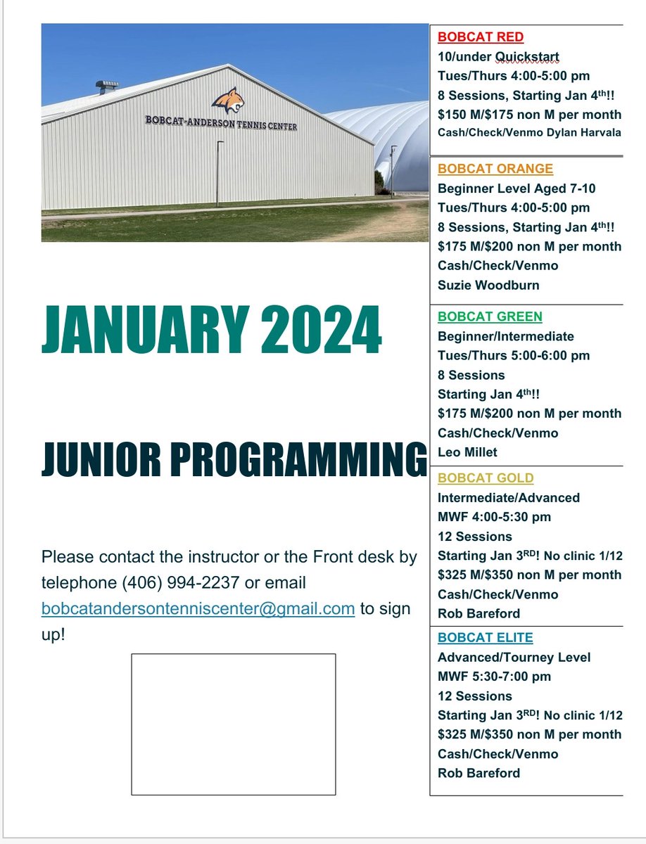 BobcatAndersonT's tweet photo. Junior Programming for January 2024. Sign up now!!
#tennis #Bozeman https://t.co/YRcI6suT8J