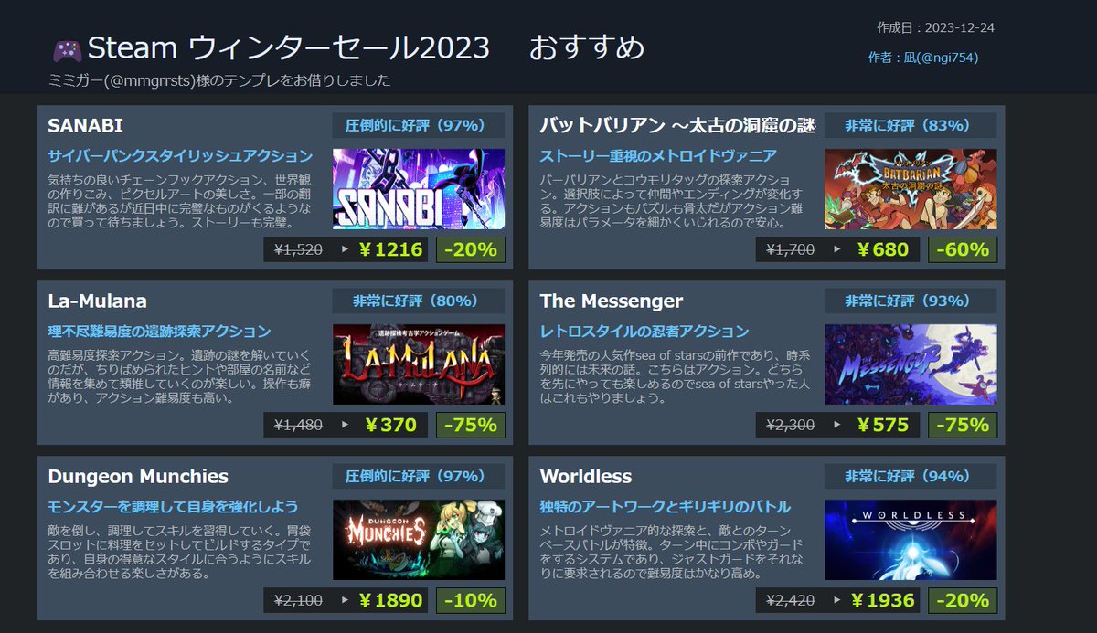 せっかくだしsteamウィンターセール2023おすすめを作ってみた
