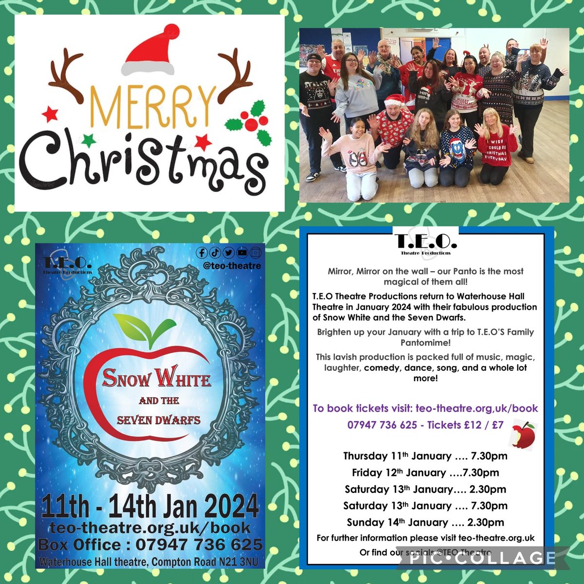 T.E.O would like to wish you all a very Merry Christmas and a Wonderful New year 🎄 🎅  🧑‍🎄 

Don't forget to book your Pantomime tickets to see our fabulous panto Snow White and the Seven Dwarfs!

Book today!
Teo-theatre.org.uk/book