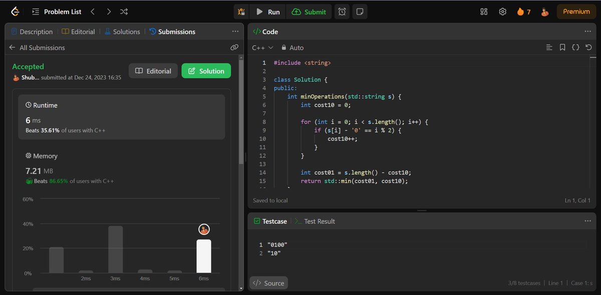 shubhamtwtt's tweet photo. Day 7 in LeetCoding : Minimum Changes To Make Alternating Binary String.
Excited to conquer more challenges and continue refining my problem-solving skills.
github:https://t.co/J1Lz3uGYLH
Lets go!! LeetCode
#DSA #CompetitiveProgramming #ProblemSolving #LeetCode #CodeSuccess https://t.co/CMHAXq0R1w