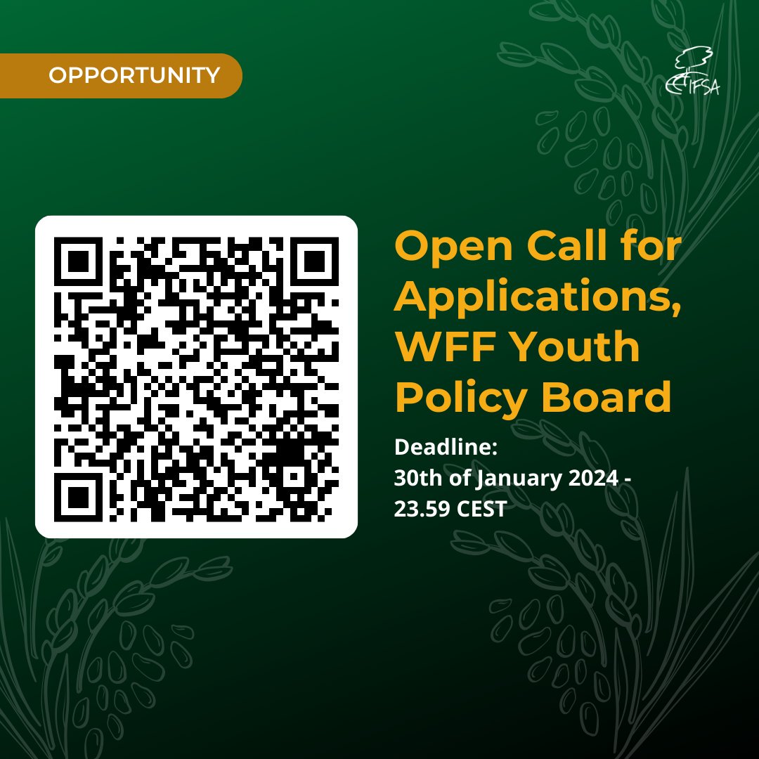 IFSAdotnet's tweet image. The World Food Forum Youth Policy Board is now opening  a call for applications for interested individuals.

Deadline: Please apply before 23.59 CEST, 30th of January 2024.

Apply now here: world-food-forum.org/youth-action/y…

#IFSAdotnet #WFF #YouthPolicyBoard