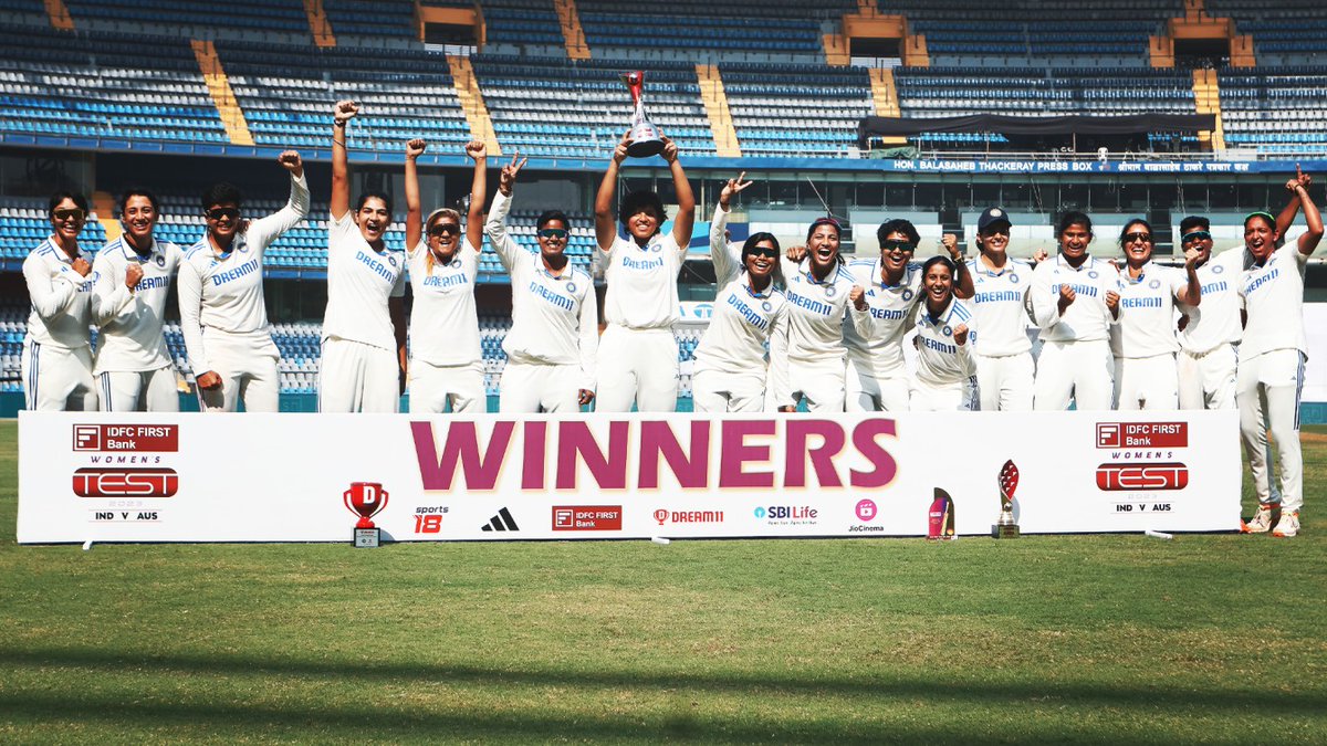 ICC's tweet photo. A win to savour 😍

India recorded their first victory against Australia in Women's Tests 🎉

✍: https://t.co/gqHMWHQ34K https://t.co/BLNrsOeyGh