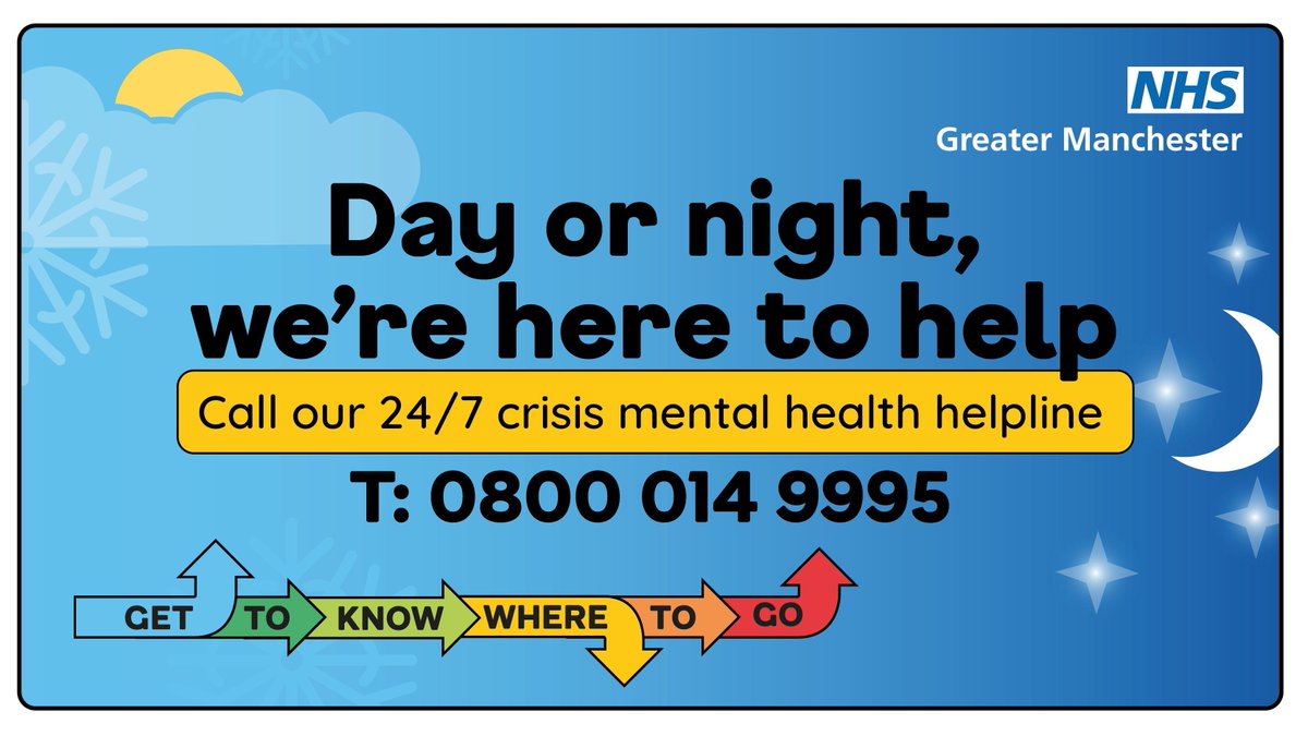 If you’re struggling, the 24/7 crisis mental health helpline is here for you. It's free to call and open for anyone who lives in Bolton, Manchester, Salford, Trafford and Wigan. Call 0800 953 0285.

For more information go to 👉 buff.ly/42o2mwg. 
#GTKWTG