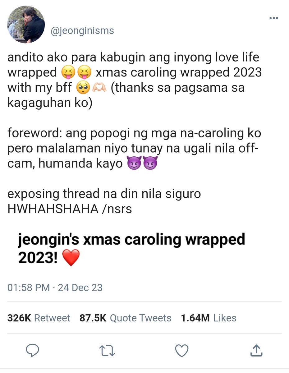 seungzracha's tweet photo. xmas caroling wrapped 2023
— yang jeongin centric.

pamasko reveal si ante mo sa mga ninong nya kahit matanda na sya lmao 🤣 https://t.co/UW0U1mfUqa