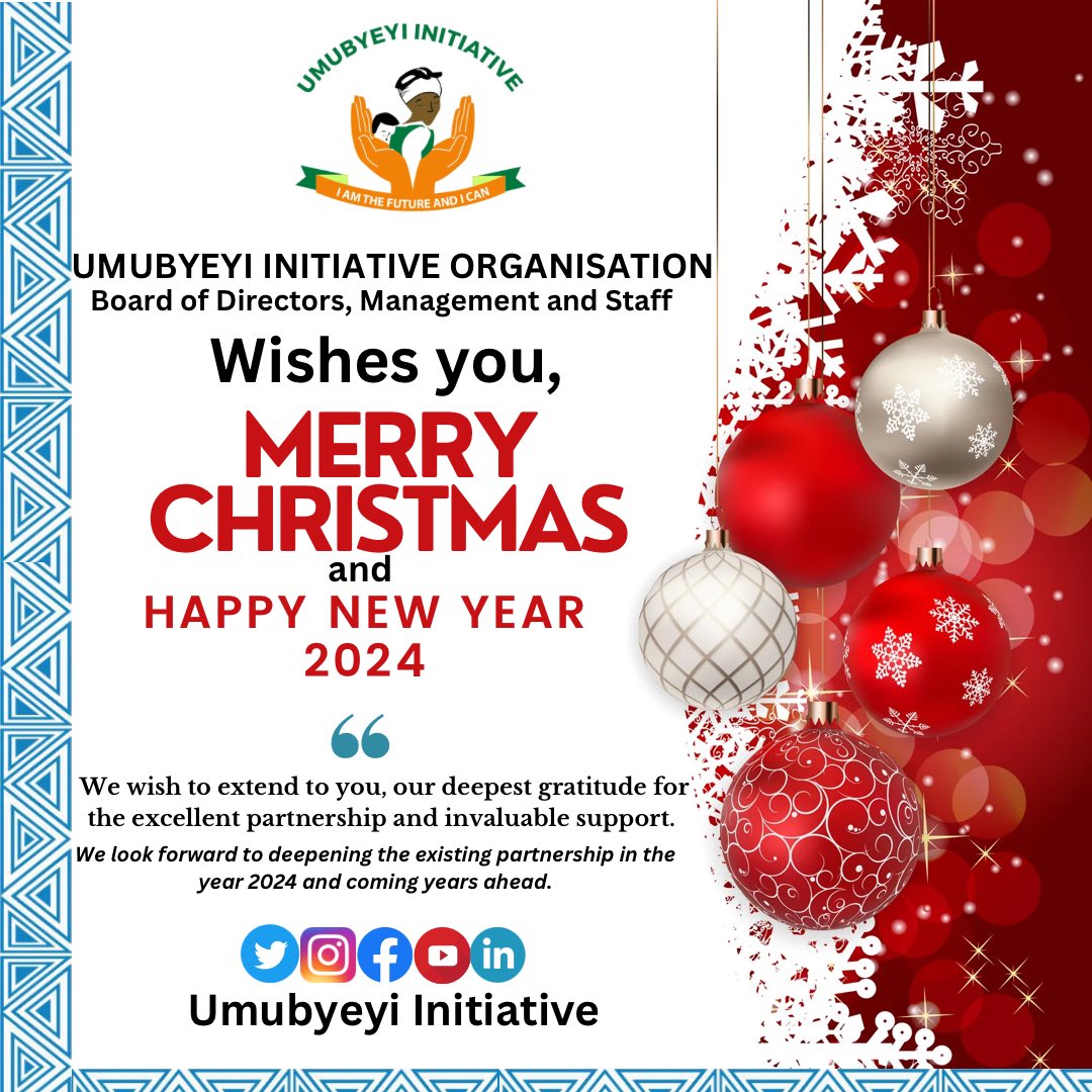 UmubyeyiOrg's tweet photo. Warm holiday wishes from our team to our valued Partners, Stakeholders and all Rwandans! May the upcoming year be marked by ongoing collaboration and success. Happy Festive Season, and #HappyNewYear2024 🎉✨ https://t.co/jnGN7M5LB5