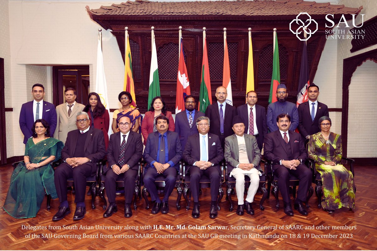 SouthAsianUni's tweet photo. South Asian University, New Delhi, India convened its 11th Governing Board Meeting in  Kathmandu on 18th & 19th December 2023. Members from Bangladesh, Bhutan, India, Maldives, Nepal, Pakistan and Sri Lanka participated in the much-awaited meeting of the SAU apex body.  Prof. Dev Raj Adhikari, Chairperson of the SAU GB, chaired the meeting. His Excellency, Mr. Md. Golam Sarwar, Secretary General of @SaarcSec attended the meeting as the Chief Guest. Many significant decision about the University's progress was made during the meeting. The Governing Board commended the academic progress and major activities conducted by the University, especially the relocation of the University to the permanent campus in Maidan Garhi, South Delhi. #KnowledgeWithoutBorders #SAARC #SouthAsia #RegionalConsciousness @MEAIndia