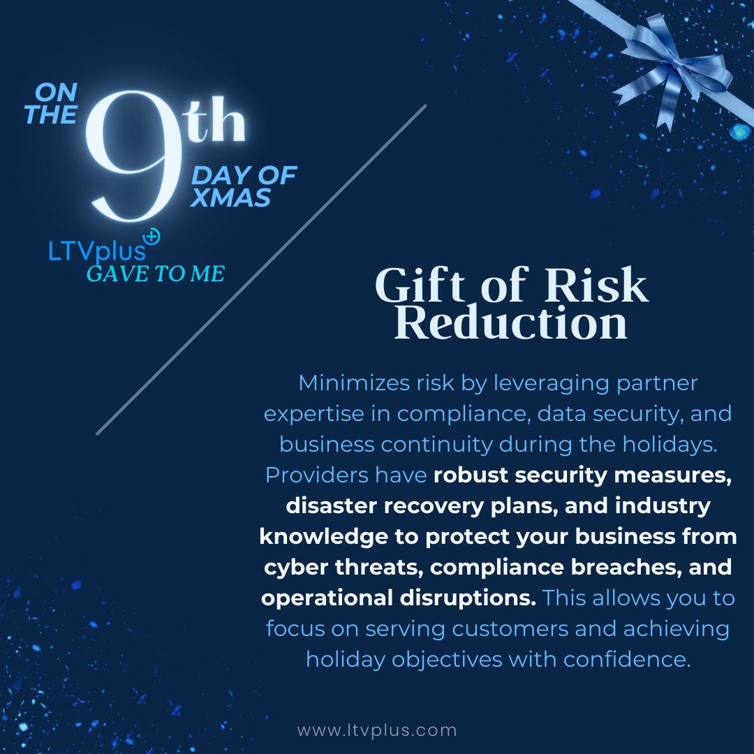 The highlight for the 9th day of Christmas is ✨Navigate the Holiday Rush with Confidence: The Outsourcing Safety Net✨

#RiskReduction #OutsourcingExcellence #HolidaySeason #CyberSecurity