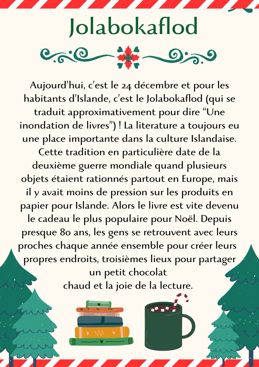 SocialBibEnssib's tweet photo. Aujourd'hui c'est le #jolabokaflod ! En #Islande, ils #partagent leur joie de la #lecture avec leurs proches avec cette tradition de #Noël. Voilà une petite affiche qui explique mieux ! Quel livre donneriez-vous pour cette #fête ? https://t.co/gLq2YbyEiY