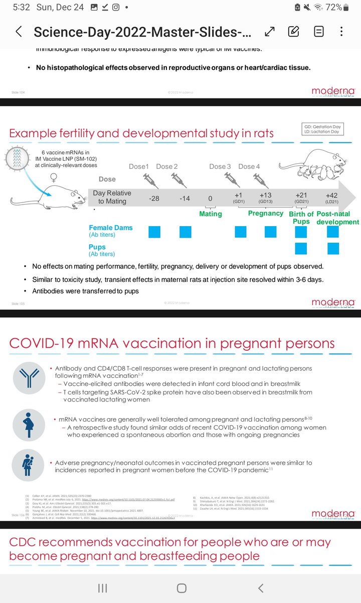 CADAP4's tweet image. mariagutschi.substack.com/p/recap-from-t…
See science day 2022 link to Moderna presentation, would love to see how many rats were in the fertility study, and why no concern of Tcell spike in milk and cords? I thought just antibodies to spike were to transmitted..