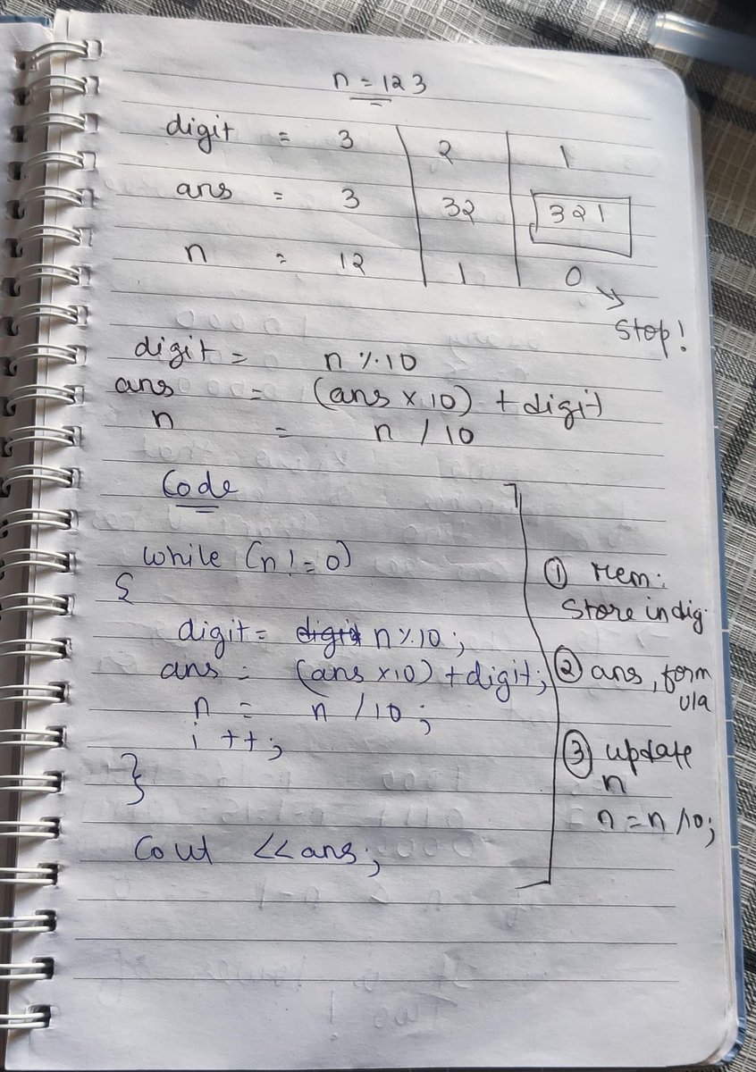 codewithjerry0's tweet photo. Day 01 of  #100DaysOfCode
 
DSA -> 1.Reverse an integer! [LeetCode]
C++ Easy Solution with Dry Run and Notes. 

#leetcode  #DSA #ReverseAnInteger #EasySolution #codewithjerry0 #lovebabbar @lovebabbar3 https://t.co/OV6chl7zBr