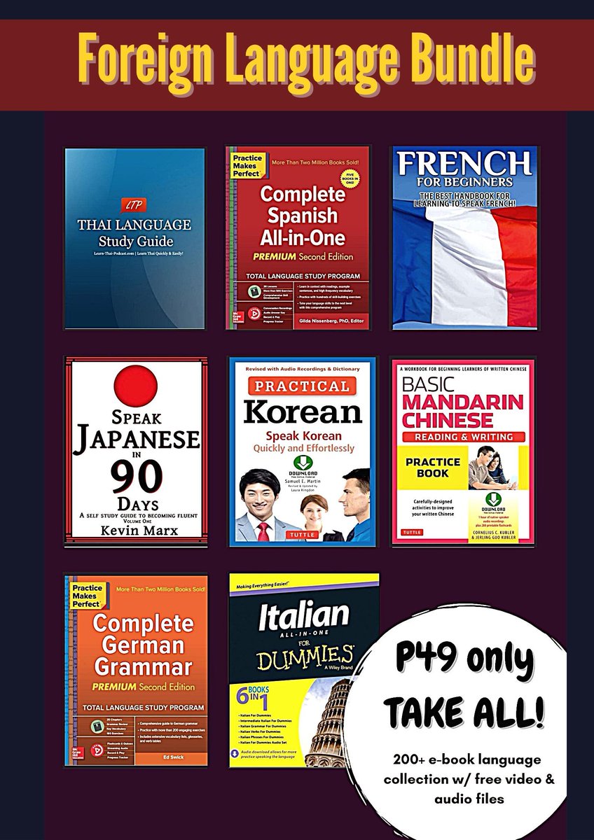 wizscrolls's tweet photo. 🌏📚 Ready to explore 8 languages in one bundle? 🌎🗣️ 

Grab each pack for only P29 or go big with the whole bundle for just P49 – that's over 200+ e-collections including free video &amp; audio content! 

#korean #chinese #japanese #thai #french #spanish #italian #german #ebooks https://t.co/xXhRInTUde