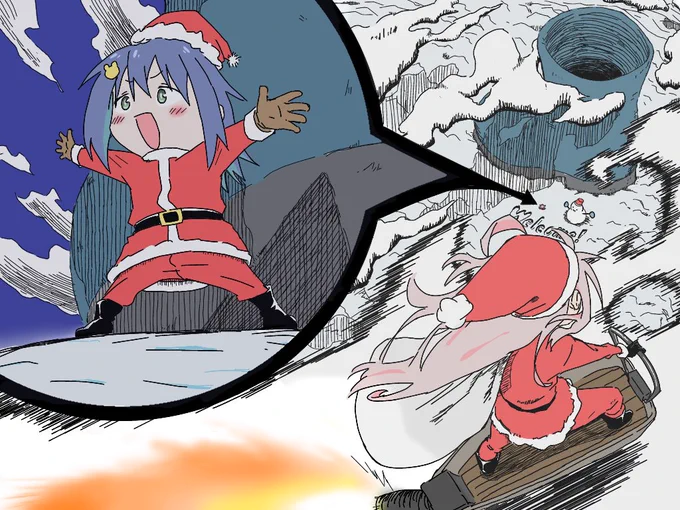 メリークリスマスであります! 「超ド級の長靴を用意してプレゼントを待つミニなゆたんと、ジェットホバーソリで空からプレゼントを届けに来たまひろサンタ」 #おにまい #おにまいお絵描き