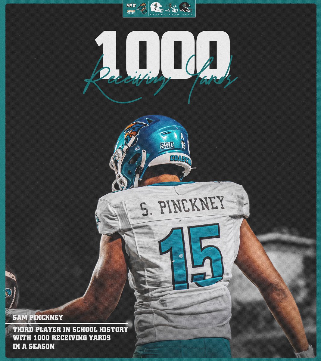CoastalFootball's tweet photo. More history for @workin_hard15

He’s just the third player in Chanticleer history with 1,000 receiving yards in a season!

#BALLATTHEBEACH | #FAM1LY | #TEALNATION https://t.co/ommqOZdexG