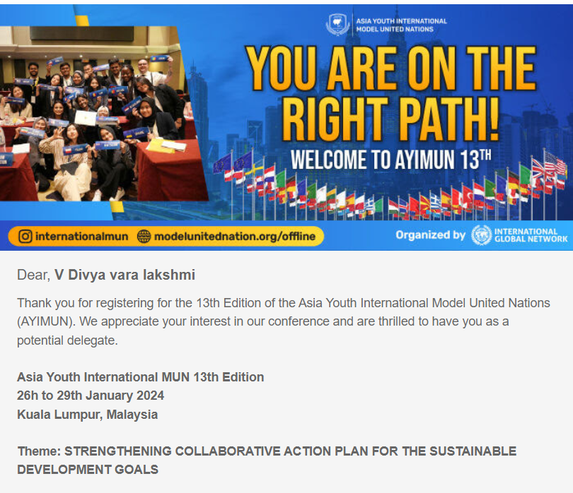 divyavaralaxmi's tweet photo. Excited to share that I've registered for an MUN conference, a dream I've had for a long time.The conference theme aligns perfectly with my research topic, a passion I've been dedicated to for almost 7 years.Hoping to share and discuss global issues at the event! 🌍✨. #AYIMUN https://t.co/P4kgOEeQwW