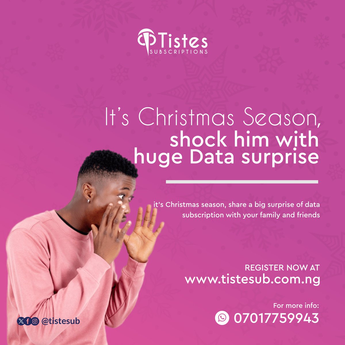 Tistesub's tweet photo. It's #Christmas season, register on our website https://t.co/3Xi772tNXS to enjoy cheap data for this #FestiveSeason.

#Christmas2023 #Christmas 
#Bills #AnthonyJoshua #cctv #Wizkid https://t.co/hNjM7lvcZW