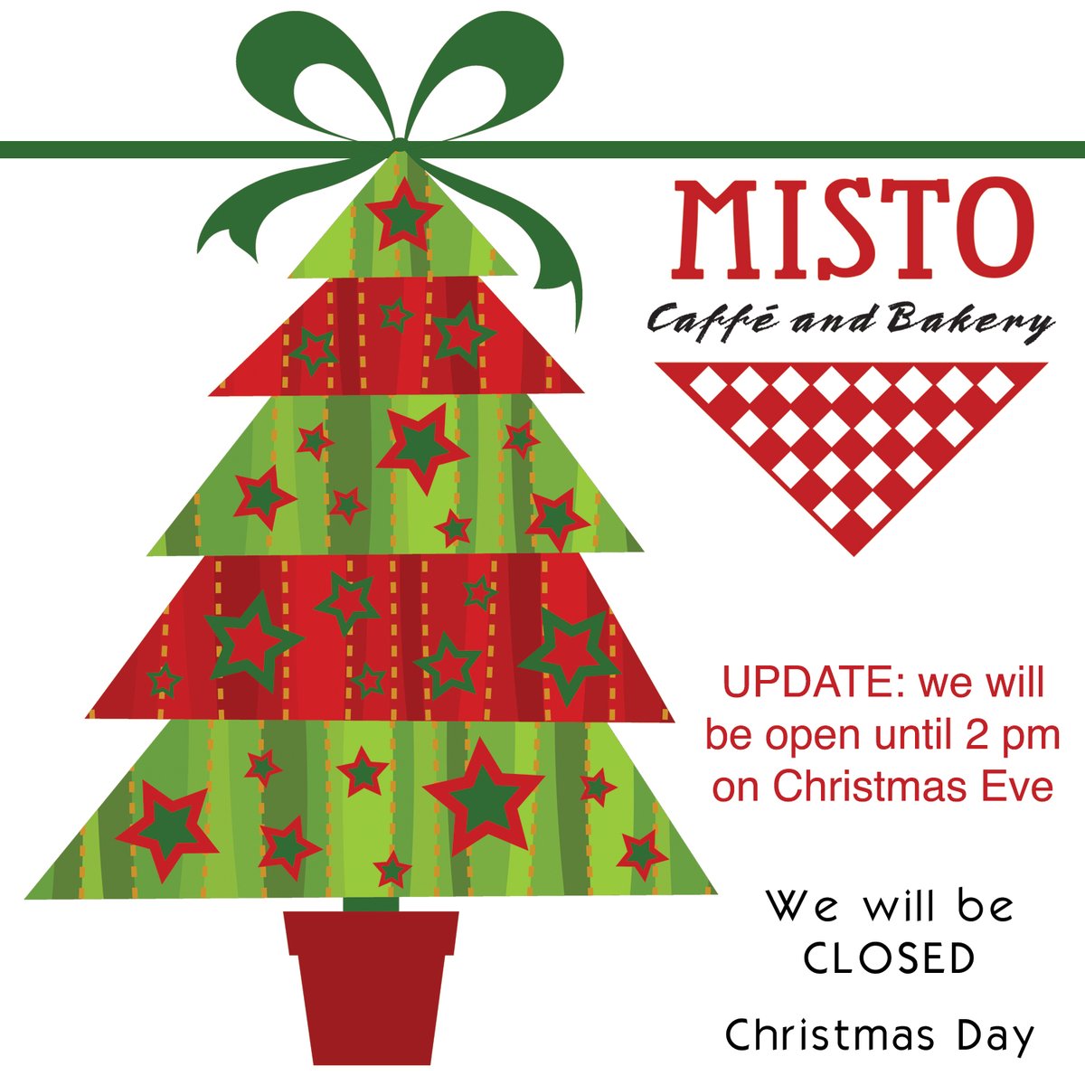MistoCaffe's tweet photo. You ask, and we oblige.
 NEW, we will be open until 2 pm on Christmas Eve. https://t.co/B8Op6x1lVX