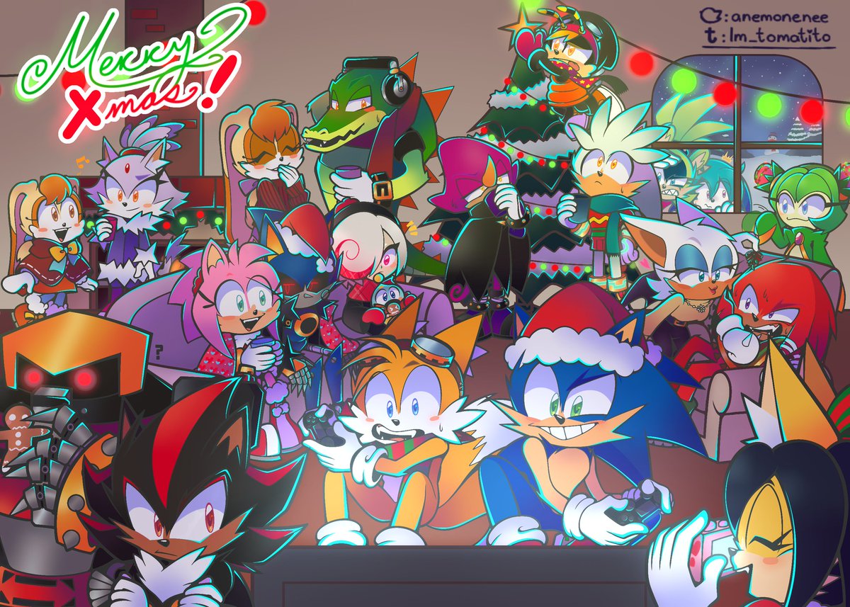 Aaa, finally, Christmas time everyone!!✨ Been working on this one for a long time :'D I wasn't sure about adding Surge, Kit and Cosmo but why not lol They're all supposed to be a bit older too

#SonicTheHedgehog #sonicfanart (with a bit of #vectilla #knuxouge and #metamy yay)