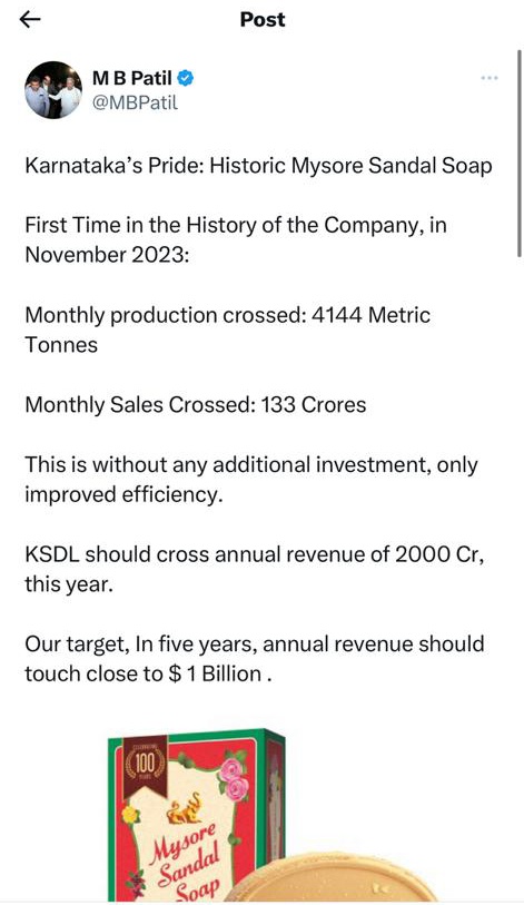Priyah321's tweet photo. .@MBPatil is a task master

Reviving KSDL by increasing production by 25%

Planned massive Sandalwood Plantation

Expanding MSIL &amp; introducing AI led secure Chit Fund. 

Planned #KHIR City

Met industrialists in Mumbai&amp;USA to set the record straight that Karnataka welcomes you. https://t.co/cA6vJiZLEA