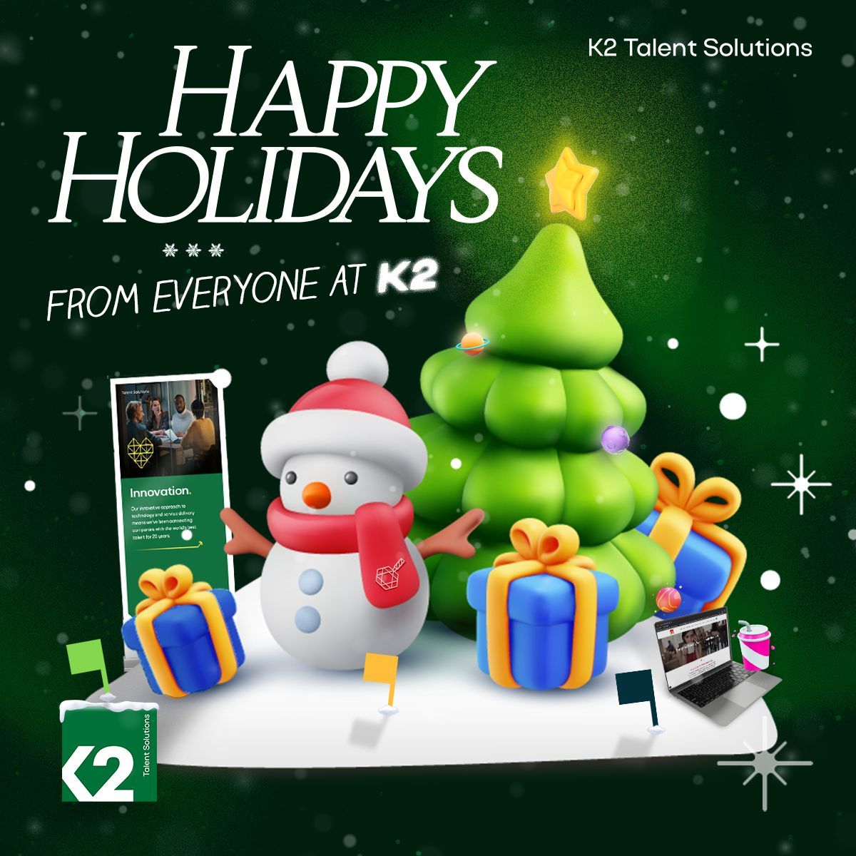 Wishing you a joyful holiday season filled with warmth, laughter, and moments of connection! 🎄 From all of us at K2 Talent Solutions, may your holidays be merry and bright. Cheers to a wonderful year ahead! 

#HappyHolidays #SeasonsGreetings #K2TalentSolutions #CelebrateJoy