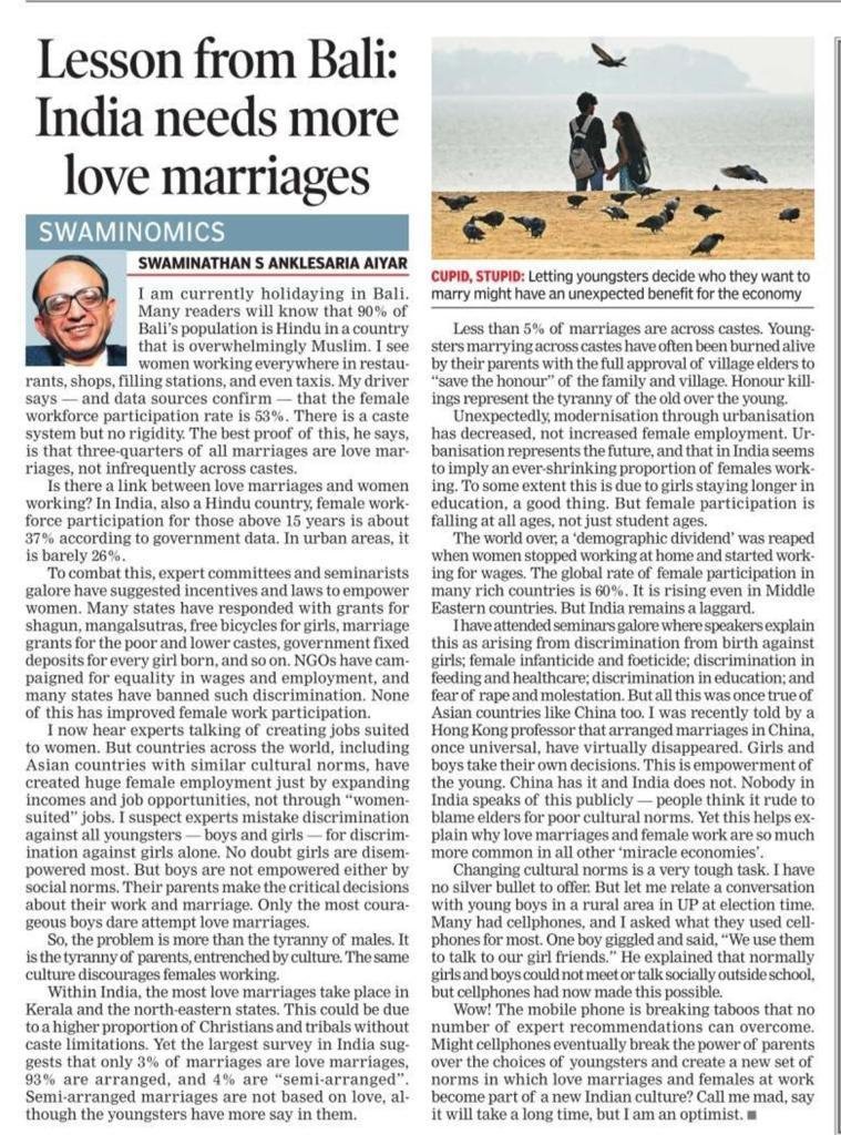 Women, Caste, Love marriages, and a message for a society being now driven in reverse gear. Wonderful article - do read.