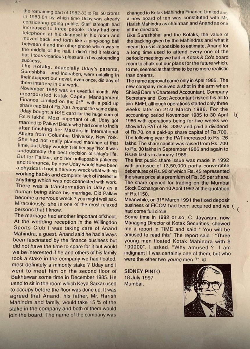 The history & legacy of Kotak, a story of people, values & aspiration. Sharing this article, written when I was 8 yrs old, by Sidney Pinto. A pioneer of merchant banking in India, he was the lesser known of 3 founders, the other two are recognised by the eponymous institution!