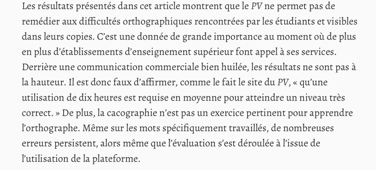Verdict : le projet Voltaire « ne permet pas de remédier aux difficultés orthographiques rencontrées par les étudiants et visibles dans leurs copies » (Christophe Benzitoun dans «  Le français aujourd’hui ») cairn.info/revue-le-franc…