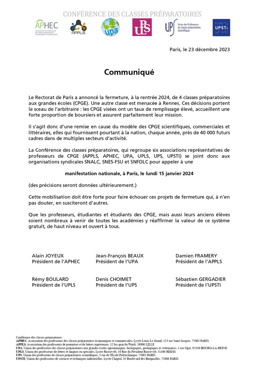 Communiqué de la Conférence des classes préparatoires, appelant à manifester à Paris le lundi 15 janvier 2024.

<a href="/AEFsuprecherche/">AEFsuprecherche</a>
<a href="/LeMondeEduc/">Le Monde Education</a>
<a href="/Figaro_Etudiant/">Le Figaro Étudiant</a>
<a href="/letudiant/">l'Etudiant</a>
<a href="/ConferenceDesGE/">Conférence des grandes écoles</a> 
<a href="/Cdefi/">CDEFI</a> 
<a href="/GabrielAttal/">Gabriel Attal</a>
<a href="/sretailleau/">Sylvie Retailleau</a>
<a href="/CKerrero/">Christophe Kerrero</a>
<a href="/carolinepascal3/">Caroline Pascal</a> 
ups-cpge.fr/index.php?rubr…