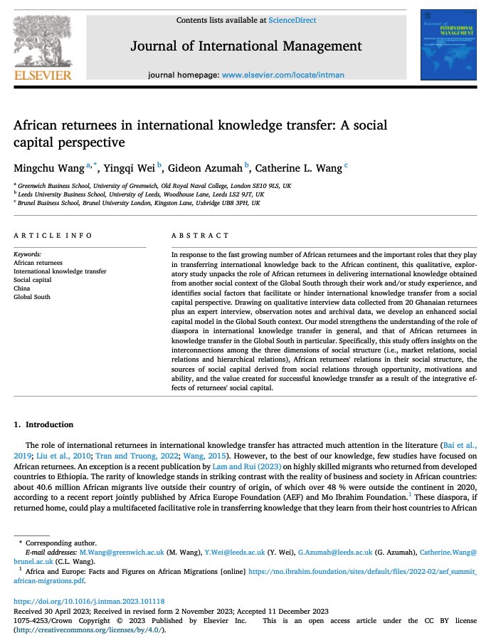 mingchu_wang's tweet photo. Excited to share that our paper “African returnees in international knowledge transfer: A social capital perspective” has been accepted by @JournalofIntMgt     Grateful to collaborate with amazing minds like Annie, Gideon and Catherine🎉🎉🎉Available here https://t.co/2wzBbFN29n https://t.co/V7W7AjzITm