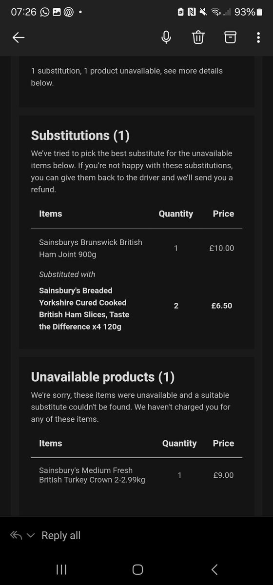 <a href="/sainsburys/">Sainsbury's</a> cancelling my turkey crown (pre ordered on 3rd Dec ref 821005409) on Xmas eve and also the ham joint but replacing it with 4 ham slices. Absolutely appalling