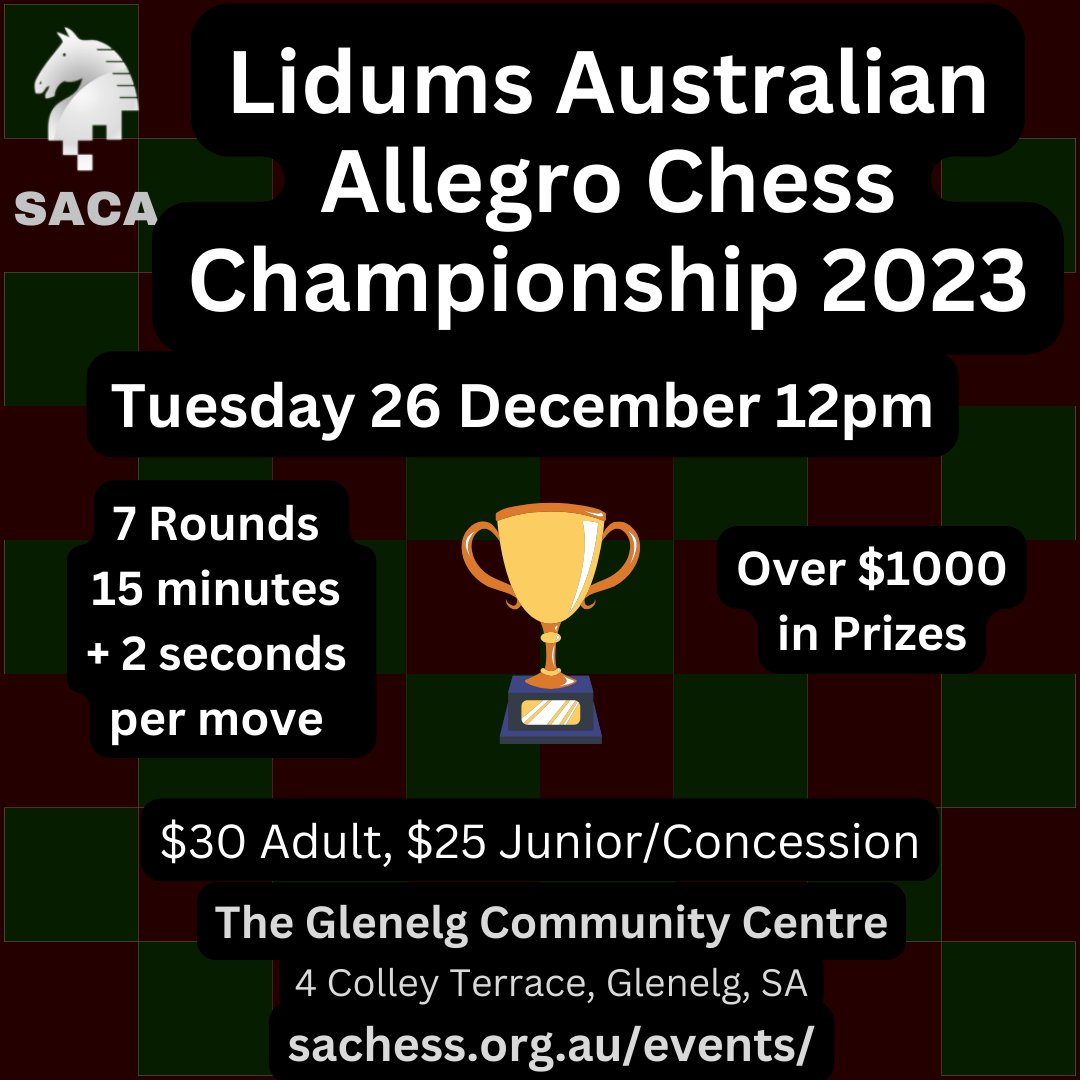 sachessau's tweet photo. All I want for Christmas is ...... Tickets to the:
- Australian Allegro Chess Championships
- Australian Chess Championships
- Australian Junior Chess Championships
#SACA #Chess #Adelaide #AusChess #SAJCL #JuniorChess https://t.co/Mvom1Nr9Ij
