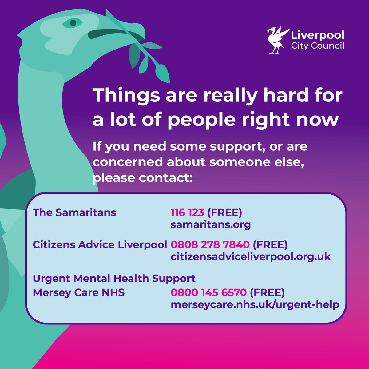 We know the festive period can be tough for some people. 

Remember help and support is available if you're struggling. 

lpoolcouncil.info/3Icx2su