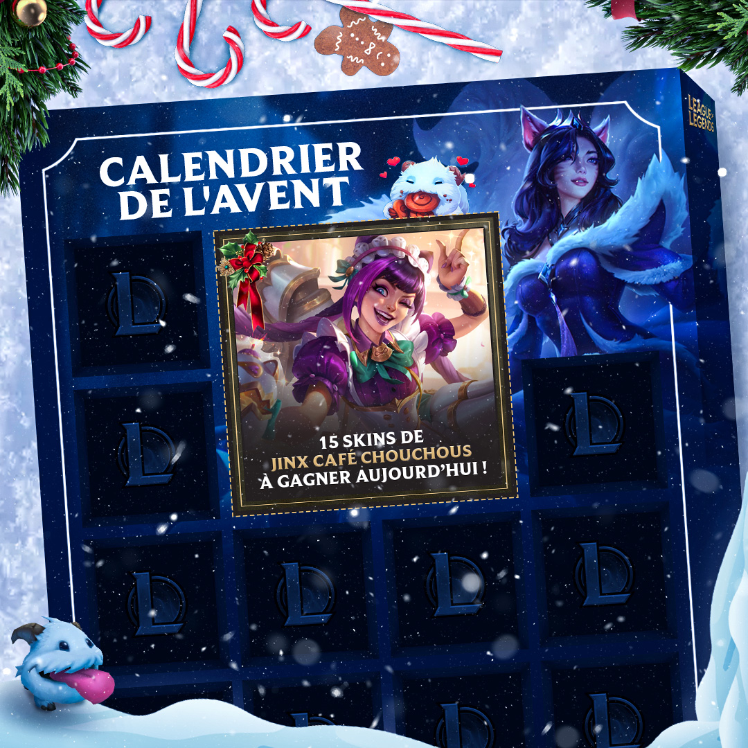 LoL_France's tweet photo. Jour 24 🎄 Jinx café chouchous

C’est déjà la fin. Avec Jinx, vous ouvrez la dernière case du Calendrier de l’Avent.

Mais il y a 15 skins à remporter pour fêter ça 🥳 Bonnes fêtes à tous·tes ❄️

TAS le 26/12 à 12h ⌛ https://t.co/SHu9vWz72M