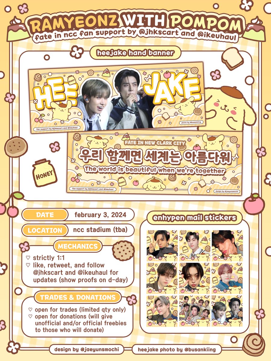 jhkscart's tweet image. 🍮 ramyeonz with pompom 

#HEEJAKE fan support by @jhkscart &amp;amp; @ikeuhaul ⭐️

like, rt &amp;amp; follow us 
1:1 ratio (random mail stickers included)
open for trades &amp;amp; donations
check thread for other details

📅 feb 3, 2024 
📍 ncc stadium (tba)

see you, engenes!

#FATE_IN_NEWCLARKCITY