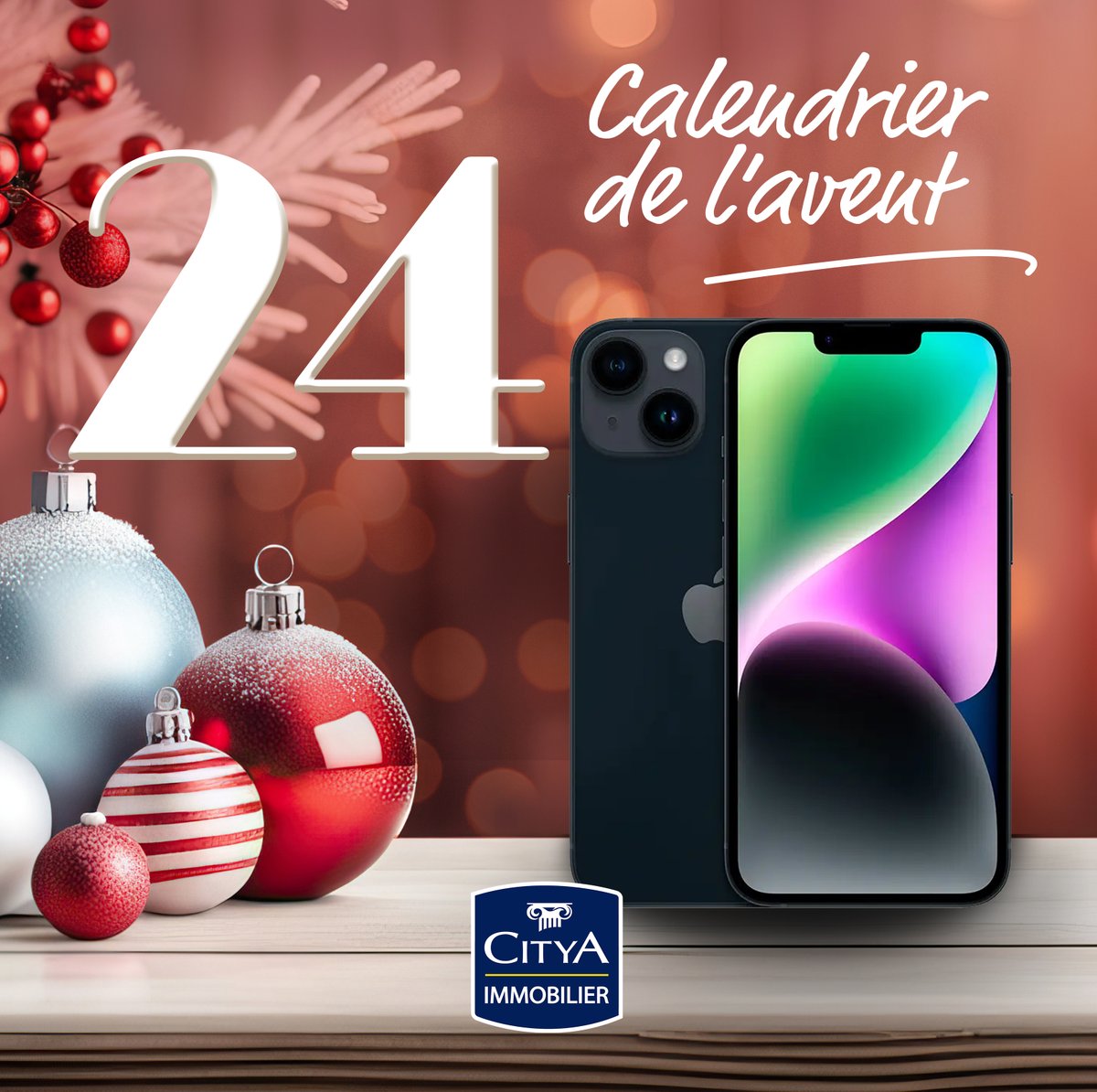 CITYAimmobilier's tweet image. #CalendrierdelaventCitya - Jour 24 🎁🎄

Pour clore ce calendrier en beauté, nous vous proposons aujourd’hui de remporter un Iphone 14 !

Pour participer c’est simple, vous devez :

➡️ RT + Follow ✅
➡️ Tag 1 ami  ✅

TAS demain ! #concours 🍀

+ d’info ➡️ shorturl.at/svxyz