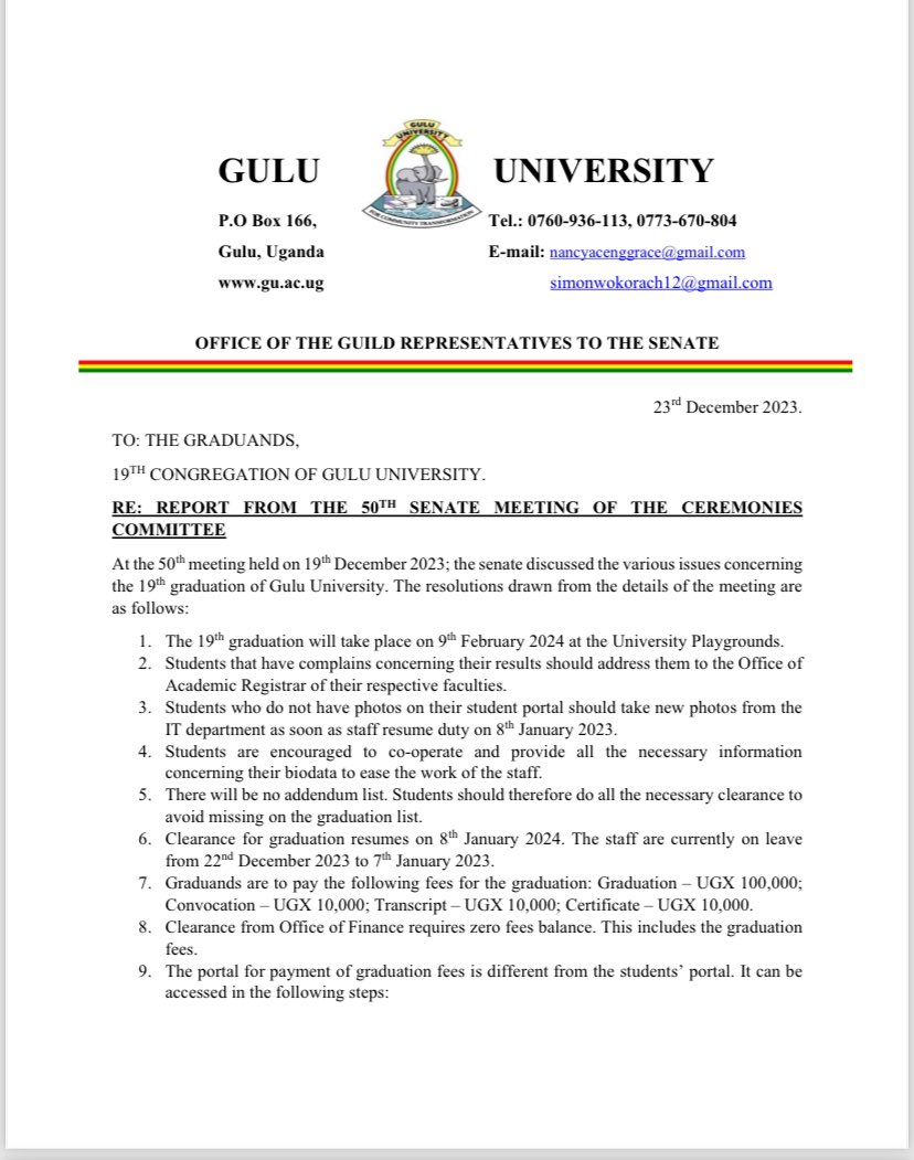 DrBerlinerMD's tweet photo. I would like to thank the @GuluVarsity management for implementing the council resolutions following the 18th Graduation earlier this year and the ACMIS for resolving issues related transcript Design.
Glad that transcripts will be ready 2 weeks prior to Graduation 🤭🥰❤️
#GUDB https://t.co/tYVVZiMR4J